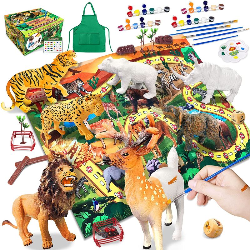 Photo 1 of Animals Toys for Kids, DIY Arts Crafts Gifts for Age 3 4 5 6 7 + Years Old Boys Girls Toddlers, Painting Animals Tiger Figurines, Realistic Jungle Wild Zoo Animals Figures Playset with Big Playmat
