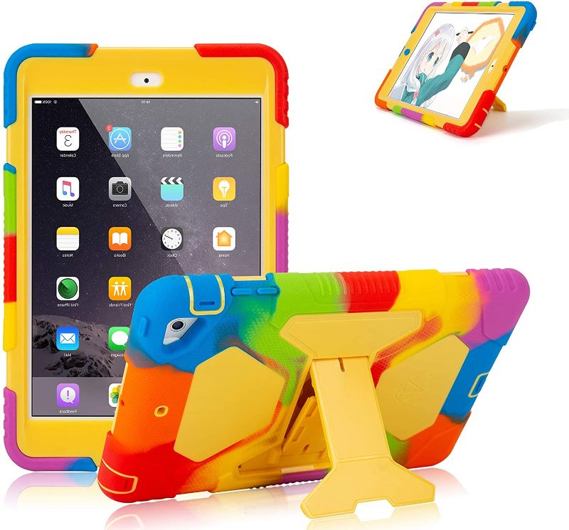 Photo 1 of iPad Mini Case, iPad Mini 2 Case, iPad Mini 3 Case.iPad Mini has Three Layers of Armor Protection with Shock-Proof and Fall-Proof Function, and it has an Adjustable Bracket (Rainbow/Yellow) - 2 pack 
