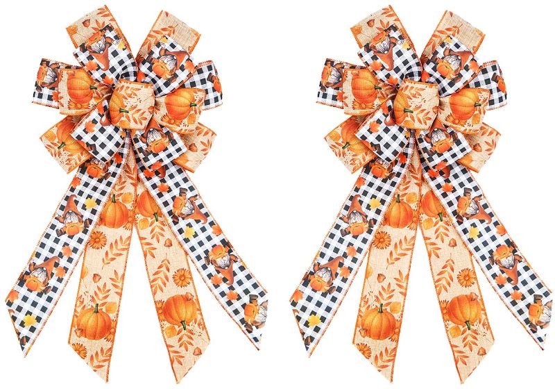 Photo 1 of BUVANE 2Pcs Extra Large Fall Pumpkin Wreath Bows,21x11.5 inch Halloween White and Black Plaid Check Bow, Autumn Thanksgiving Bow for Front Door Indoor Outdoor Wall Decoration Supplies Ornaments
