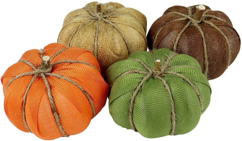 Photo 1 of 6 Inch Fabric Burlap Pumpkins for Decorating - 4PCS Small Plastic Burlap Pumpkins for Rustic Fall Decor, Artificial Foam Pumpkins Perfect for Halloween Thanksgiving Decoration Fall Wedding
