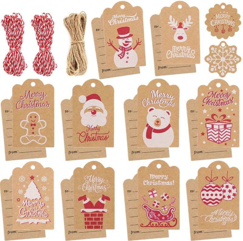 Photo 1 of 120 Pcs Kraft Paper Christmas Gift Tags in 12 Patterns with "to and from" Writing Backside Design , Xmas Gift Tags with 98 Feet Twine for DIY Xmas Holiday Present,Decor Christmas Gift,
