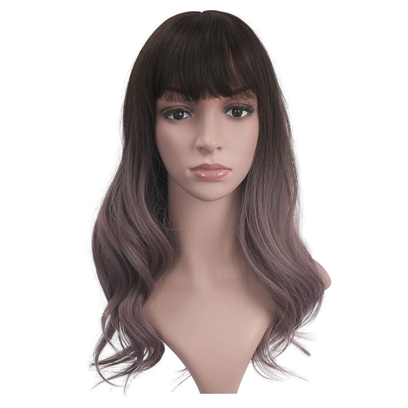Photo 1 of BARSDAR Long Wavy Wig with Neat Bangs Soft Synthetic Middle Part Style Wigs Natural as Real Hair with Free Wig Cap for Women Cosplay Halloween(20", Brown to Pinkish Purple?
