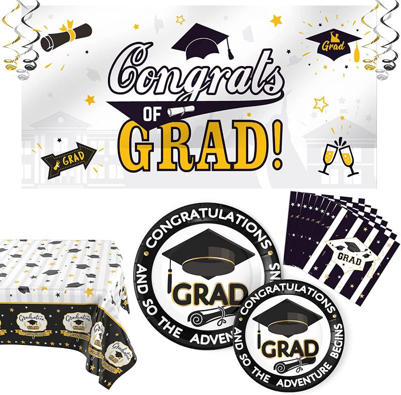 Photo 1 of 2021 Graduation Decorations Party Decorations, Graduation Party Supplies Congrats Grad! Including graduation 2021 plates and napkins, Tablecloth, banner, Hanging Swirls
