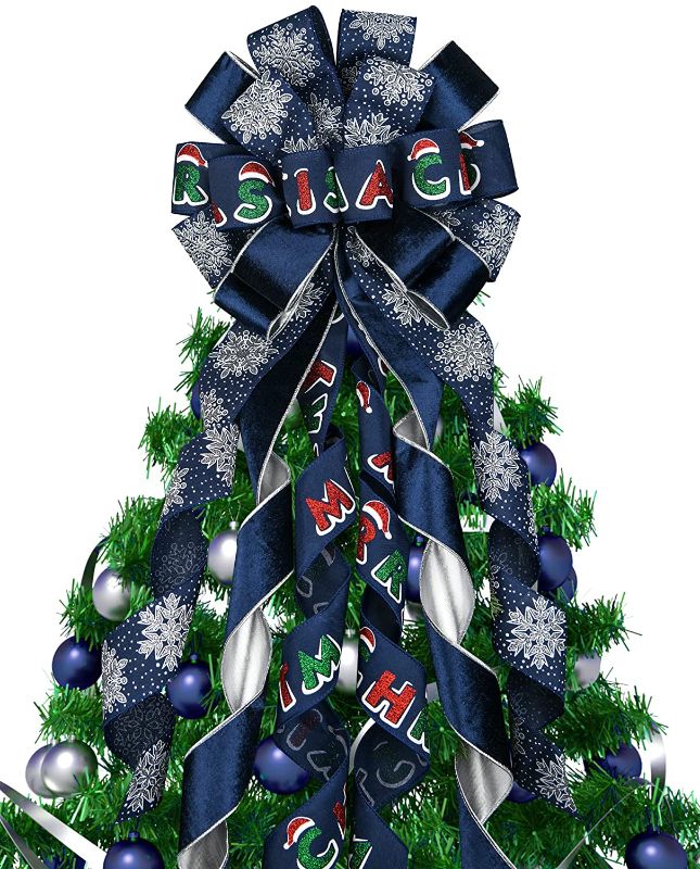 Photo 1 of Christmas Tree Topper,45x13 Inches Large Toppers Bow with Merry Christmas and White Snowflake for Christmas Decoration(Dark Blue Christmas)
