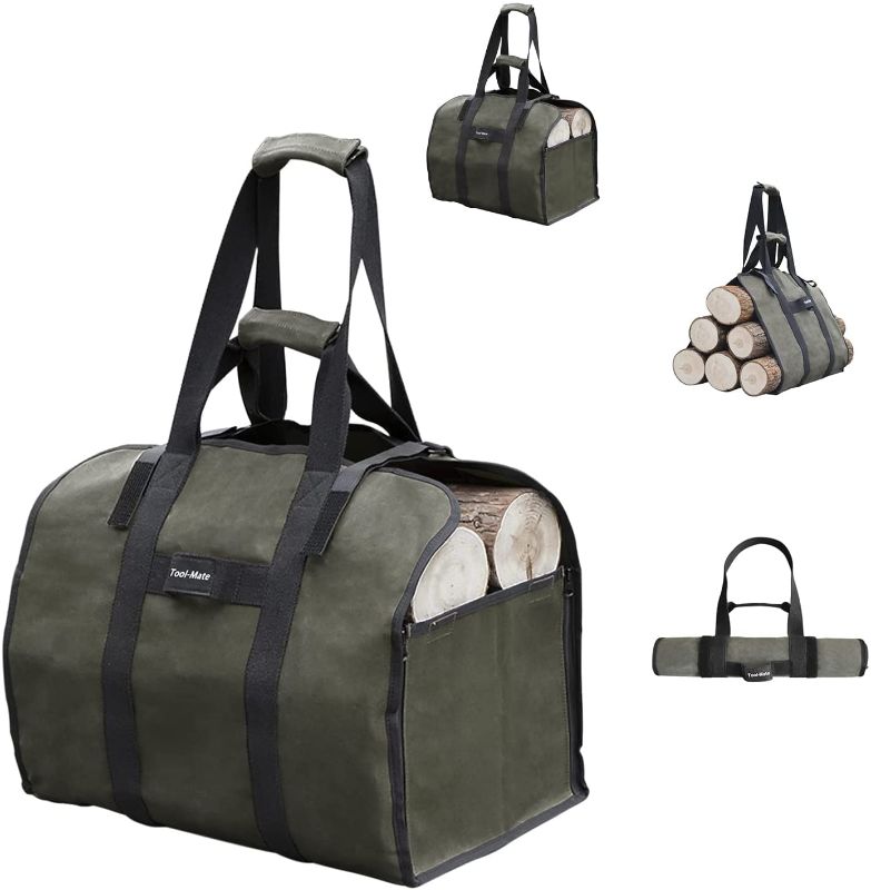 Photo 1 of AAGUT Firewood Carrier Log Tote Bag Large Canvas Waxed Indoor Fireplace Log Carrier Wood Bag for Firewood, Heavy Duty Fire Wood Holders Outdoor Fire Place Carrying Tote with Handles - Light Green
