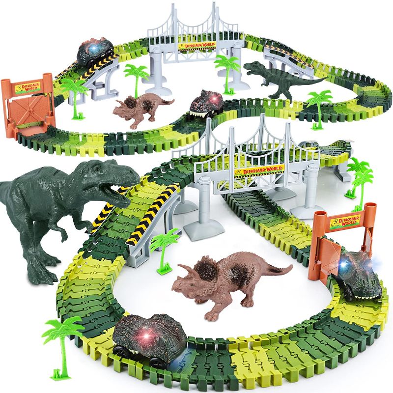 Photo 1 of Dinosaur Toys,Create A Dinosaur World Road Race,Flexible Track Playset and 2 pcs Cool Dinosaur car for 3 4 5 6 Year & Up Old boy Girls Best Gift
