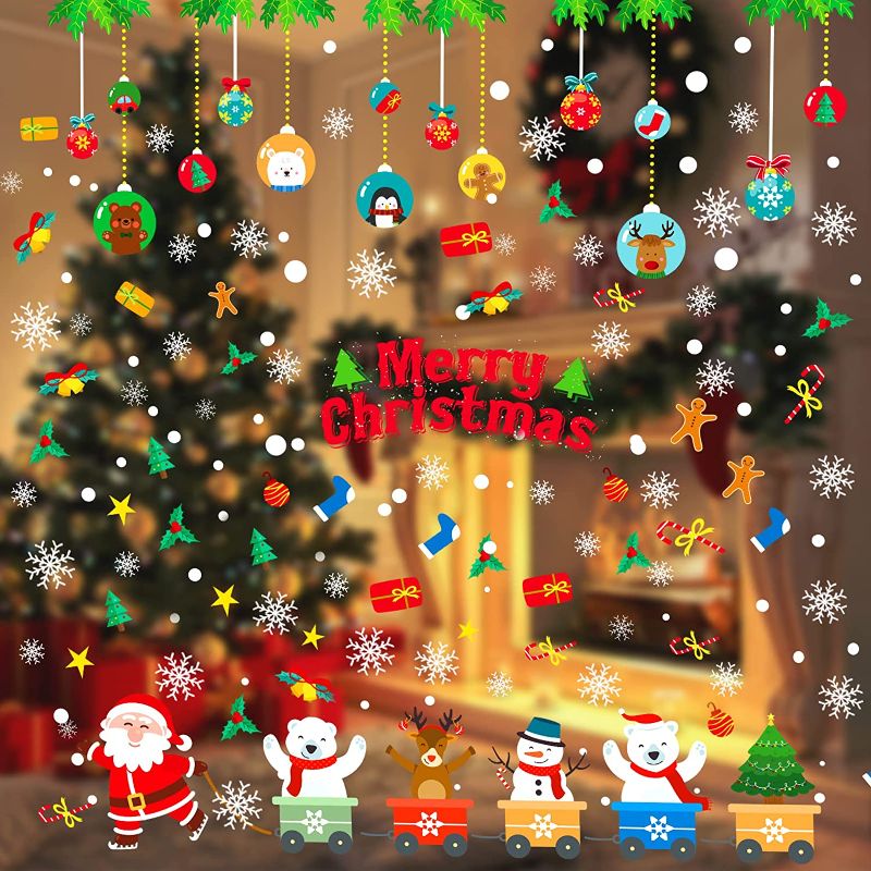 Photo 1 of 2 pack 328 PCS Christmas Window Clings, 2 Large Sheets Christmas Window Stickers Decorations for Laptop, Luggage, Decal Graffiti Patches, Xmas Decals Decor Include Snowflake Santa Claus Reindeer for Party