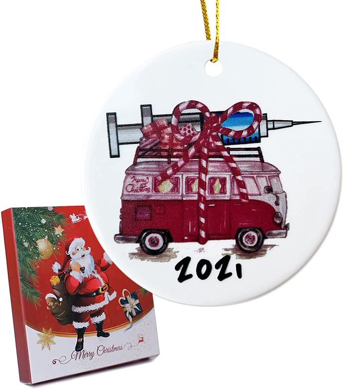 Photo 1 of 2 pack - 2021 Christmas Ornaments with Gift Box, Personalized Car We All Got Vaccinated, Christmas Tree Ceramic Decorations Pendant Decorative Hanging Ornaments-Vaccine Car