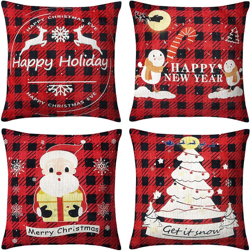 Photo 1 of BININBOX Christmas Pillow Covers 4 Set 18x18 Inches Linen Christmas Decoration Throw Pillow Covers Red Buffalo Plaid Red Truck Green Plaid Santa Deer Cushion Pillowcase