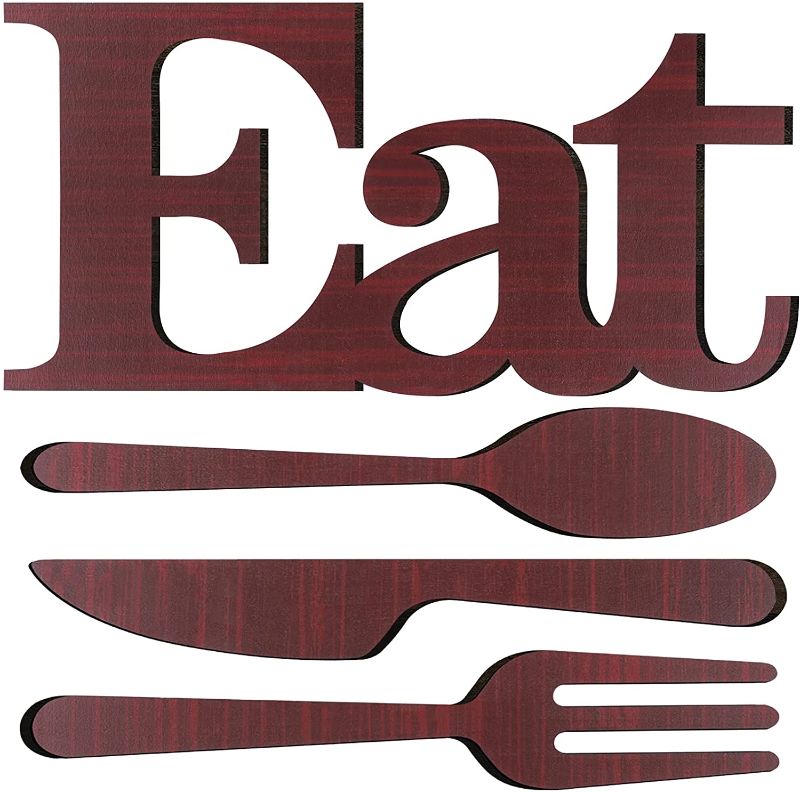 Photo 1 of 2 PACK - Ruisita Wooden Eat Sign and Cutlery Wall Decor Decorative Hanging Wooden Letters Wall Art Farmhouse Rustic Kitchen Wall Decor Eat Sign for Home, Kitchen Decoration (Dark Red)