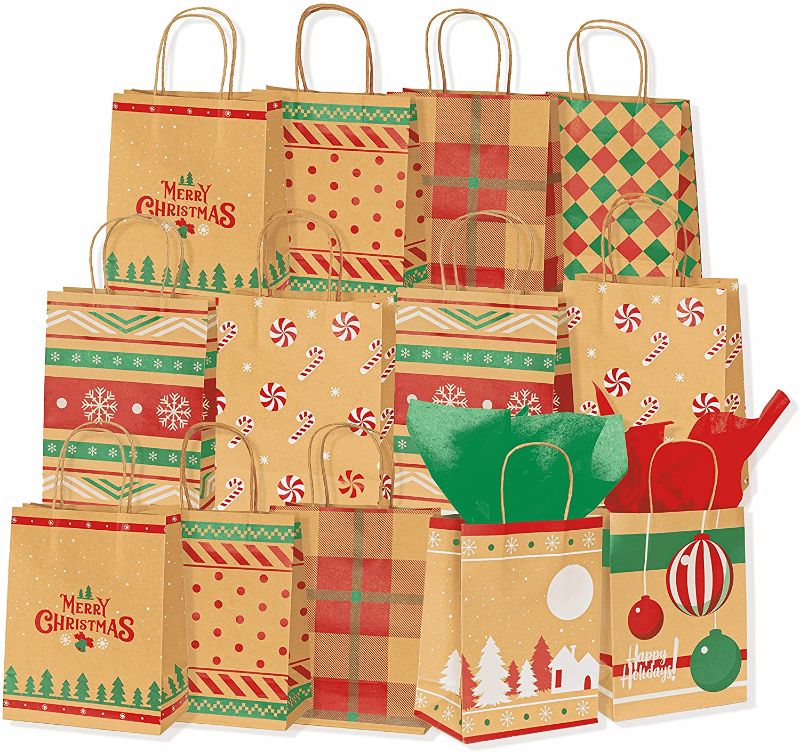 Photo 1 of 
Set of 24 Festive Christmas Gift Bags - Kraft Bags with Handles and 24 Large Tissue Sheets for Christmas Wrapping. 9x7 Christmas Bags Medium Size to Wrap Gifts
