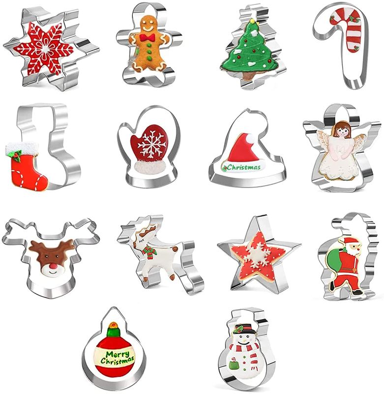 Photo 1 of 14 Piece Christmas Cookie Cutter Set, Holiday Cookies Cutters Molds Large Stainless Steel Cookie Cutters Party Supplies Snowman, Christmas Tree, Gingerbread Man, Candy Cane, Snowflake Reindeer More 2 pack 