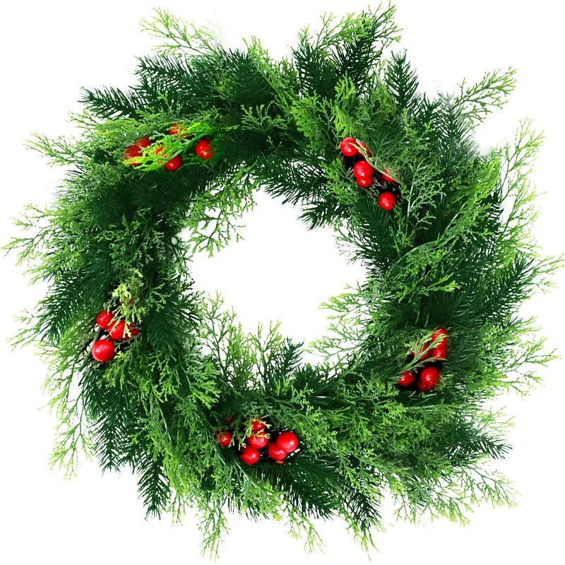 Photo 1 of 20.5In Artificial Pine Needle Cypress Wreath,Greenery Wreath with Red Berries for Front Door Wall Window,Welcome Wreaths for Thanksgiving,Christmas,New Year Party Decoration