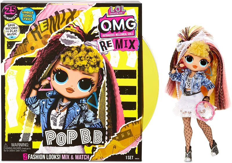 Photo 1 of LOL Surprise OMG Remix Pop B.B. Fashion Doll, Plays Music, with Extra Outfit and 25 Surprises Including Shoes, Hair Brush, Doll Stand, Magazine, and Record Player Package - for Girls Ages 4+
