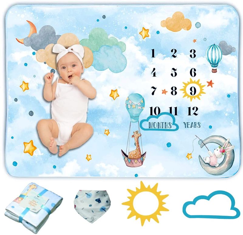 Photo 1 of KELVINO Baby Milestone Blanket – Soft & Fluffy Premium Flannel Fleece Baby Growth Chart Blanket with Sun & Cloud Shaped Felt Photography Props & Bib, Light Blue & White 60 x 40 inches
