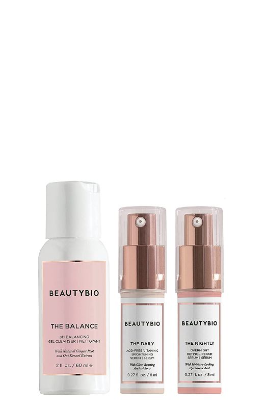 Photo 1 of BeautyBio AM/PM Mini Set: Daily Dose Vit C + PM Retinol + Balance Cleanser, 1 ct.
