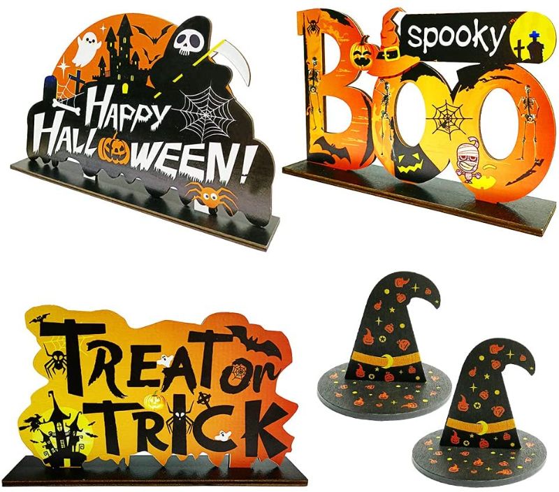 Photo 1 of 5 Pieces Halloween Table Decorations, Pumpkin Table Centerpieces, Happy Halloween Decor Wooden Centerpiece Signs Trick or Treat Witch Hat Table Decor Pumpkin Decorations
