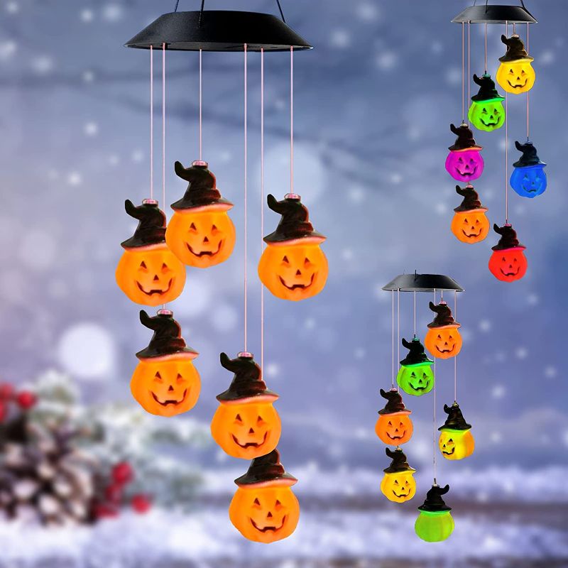 Photo 1 of UMARDOO Halloween Pumpkin Wind Chimes, LED Solar Powered Pumpkin String Light Wind Chime Halloween Decorations for Halloween Indoor/Outdoor Decor
