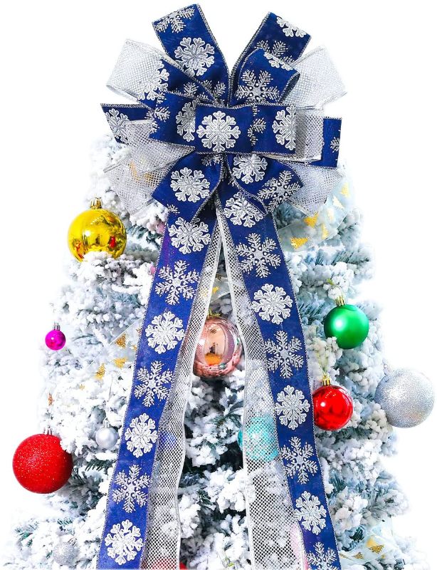 Photo 1 of Decorations Christmas Tree Topper 48x13Inches Christmas Tree Bow Topper Snowman Christmas Ornament with Glitter Satin Mesh Streamer for Your Christmas Indoor Home Decorations & Gift Blue
