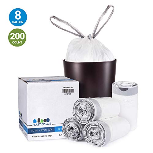 Photo 1 of  Plasticplace 8 Gallon Trash Bags 0.7 Mil White Drawstring Garbage Can Liners 22" x 22" , Count