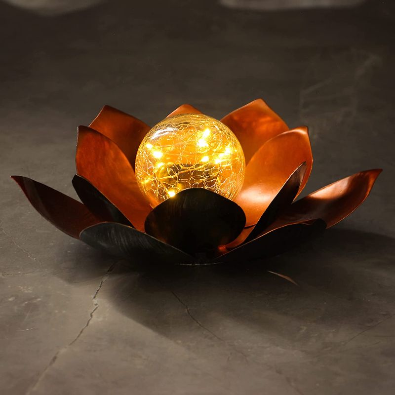 Photo 1 of --unable tested --Solar Lights Outdoor Garden Decor , Amber Crackle Globe Glass Lotus Decoration,Waterproof Gray Metal Flower Light for Patio,Lawn,Walkway,Tabletop,Ground
