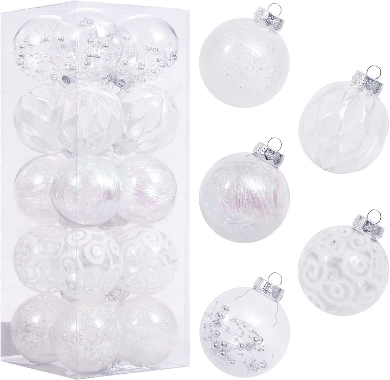 Photo 1 of 14" Clear Christmas Ornaments Set, 20PCS Shatterproof Decorative Hanging Ball Ornament with Stuffed Delicate Decorations, Xmas Tree Balls for Halloween Holiday Party Thankgivings - White