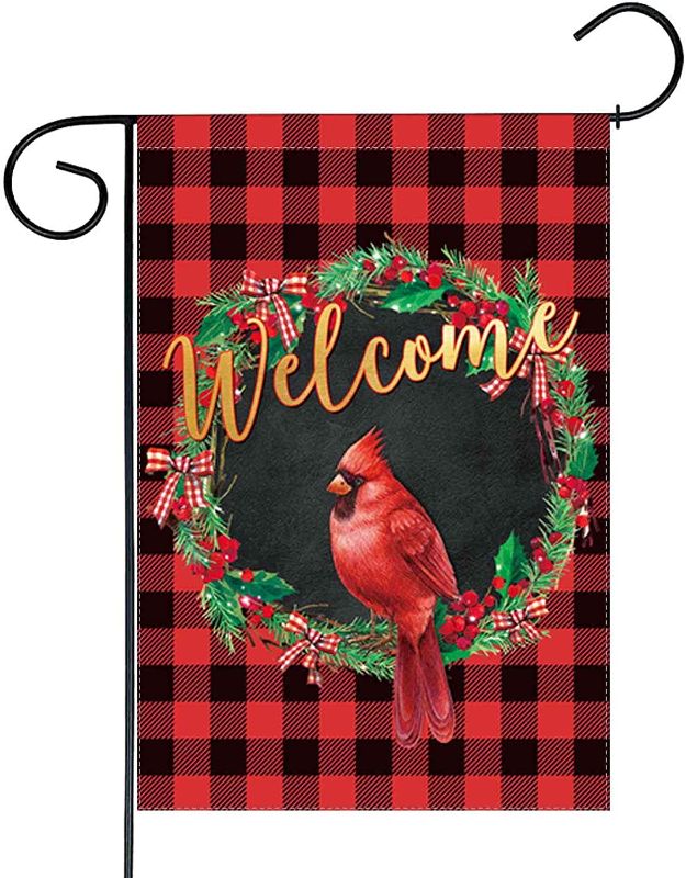 Photo 1 of 3 pack, Funnytree Red Cardinal Bird Garden Flag Merry Christmas Wreath Buffalo Plaid Outdoor Decor Xmas Winter New Year Welcome Yard Flags Farmhouse Decoration Vertical Double Sided 12x18in
