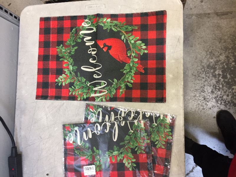 Photo 2 of 3 pack, Funnytree Red Cardinal Bird Garden Flag Merry Christmas Wreath Buffalo Plaid Outdoor Decor Xmas Winter New Year Welcome Yard Flags Farmhouse Decoration Vertical Double Sided 12x18in
