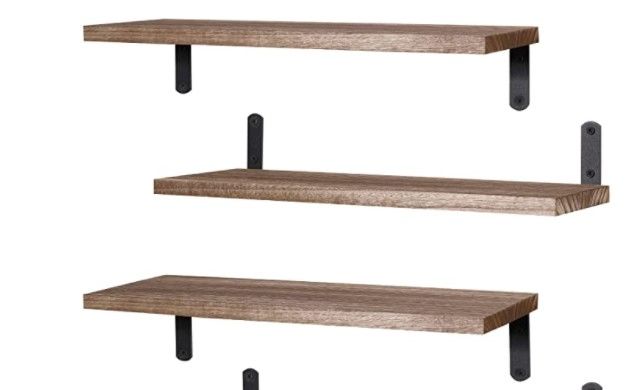 Photo 1 of  Floating Shelves, Rustic Wood Wall Shelves for Living Room Set of 3 Wooden Floating Shelf Wall Mounted for Bathroom, Kitchen, Bedroom, Wall Storage, Plant, Book - Light Brown