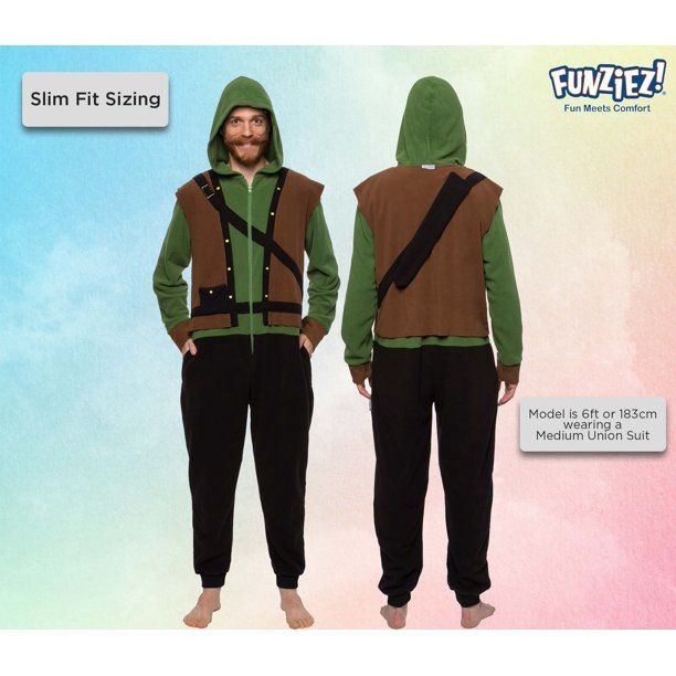 Photo 1 of 2 pack, FUNZIEZ! Robin Hood Unisex Adult Costume Pajamas - One Piece Novelty Cosplay Zip-Up Jumpsuit (Green, medium)