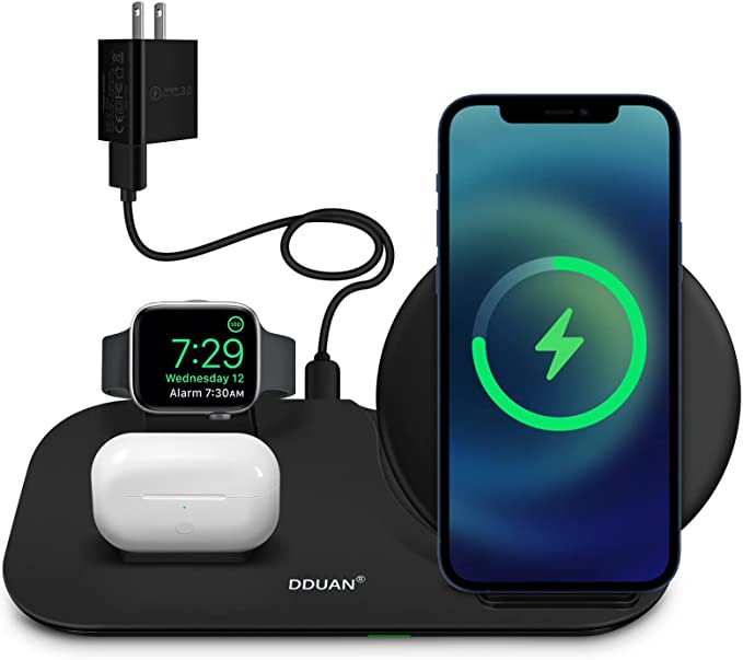 Photo 1 of DDUAN Wireless Charger, 3 in 1 Qi Fast Charging Station Dock Compatible for Apple Watch, AirPods Pro/1/2, Charging Stand for iPhone 12/11/Pro/Max/XR/XS/XS Max/X /8/8 Plus/Samsung(18W Adapter Included)