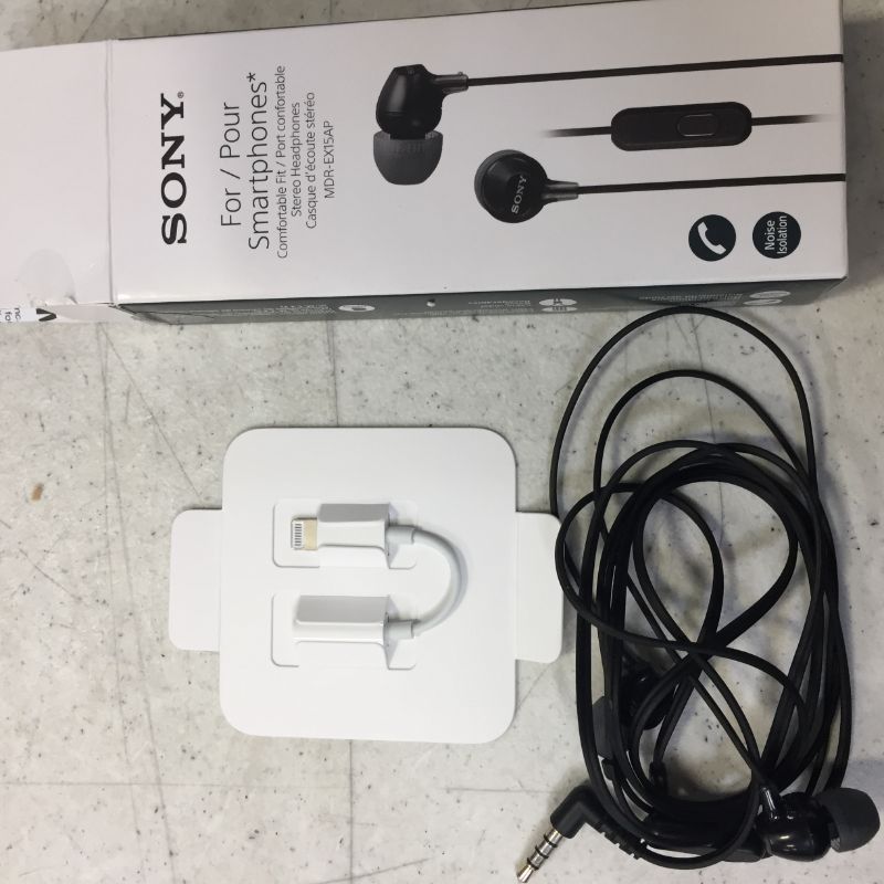 Photo 1 of Sony MDREX15AP In-Ear Earbud Headphones with Mic, Black (MDREX15AP/B and Apple Lightning to 3.5 mm Headphone Jack Adapter

