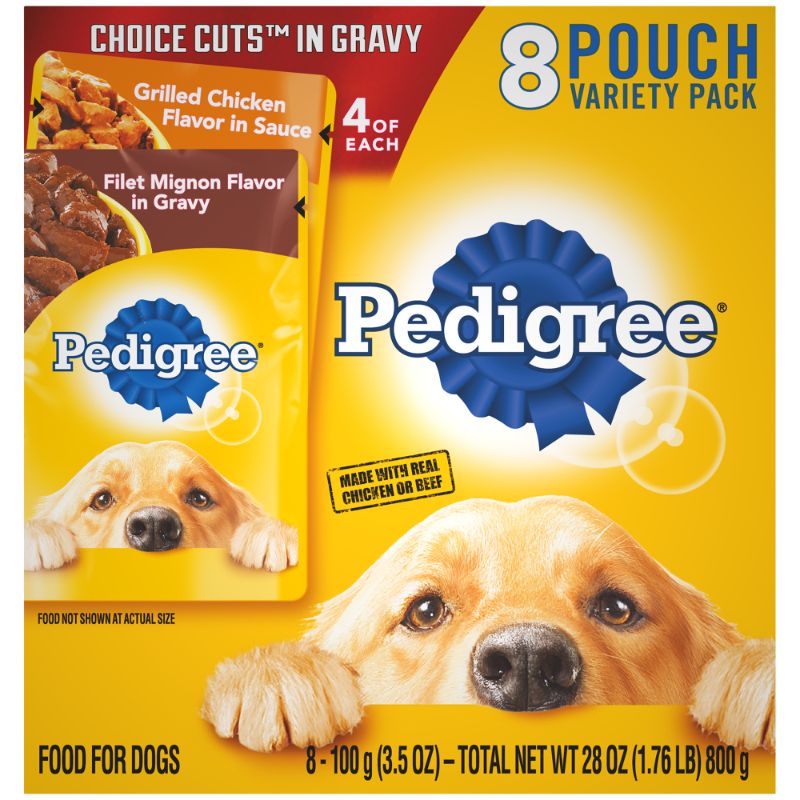 Photo 1 of 2 pack, PEDIGREE CHOICE CUTS in Gravy Grilled Chicken Flavor in Sauce & Filet Mignon Flavor in Gravy Adult Wet Dog Food Variety Pack, (8) 3.5 oz. Pouches
