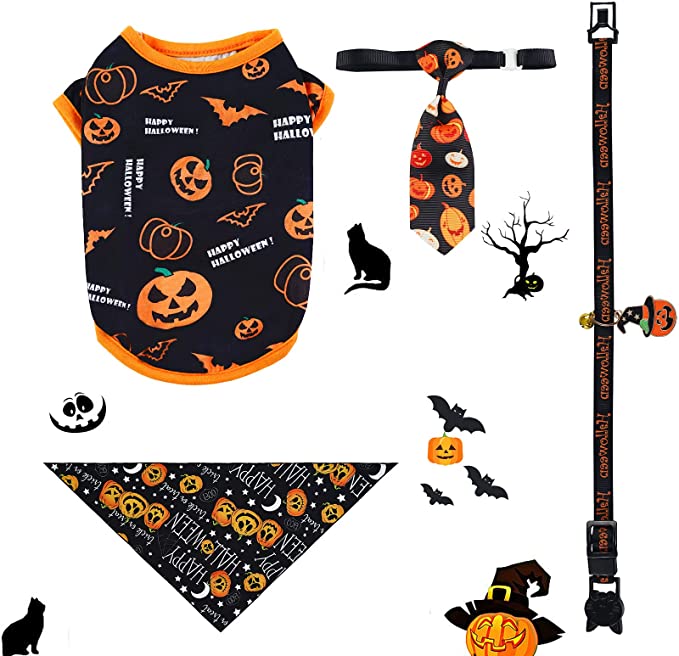 Photo 1 of Small Dog Costume Halloween, FhonLee Pet Cat Clothing Set for Halloween Party Decoration, 4 Pieces Pumpkin Pets Costume Cosplay Accessories, Halloween Clothes, Triangle Pet Scarf, Collar and Tie
