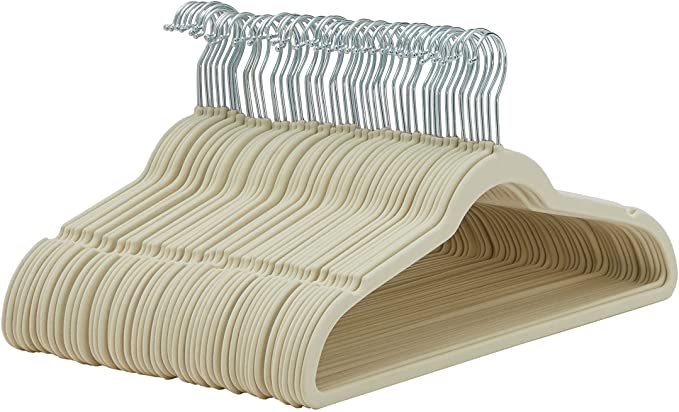 Photo 1 of Amazon Basics Slim, Velvet, Non-Slip Suit Clothes Hangers, Ivory/Silver - Pack of 60
