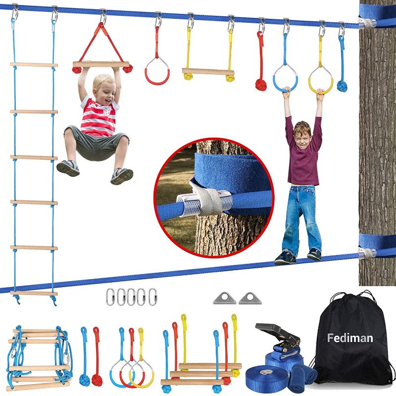 Photo 1 of Fediman Ninja Warrior Obstacle Course for Kids - 50FT Ninja Slackline with Ladder, Gym Rings, Monkey Bars, Rope Knots (Ninja Line + Slack Line)