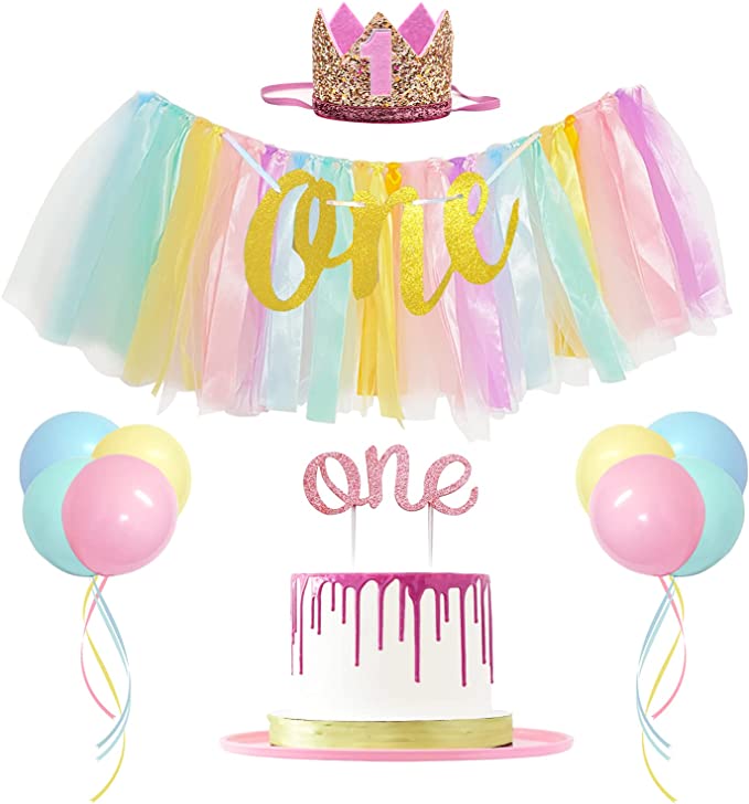 Photo 1 of JANEF 1st Birthday Pastel Rainbow High Chair Banner Decoration for Girl, First Birthday Number 1 Crown, Cake Topper and Balloons
