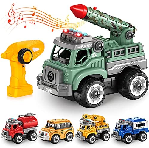 Photo 1 of 5 in 1 Remote Control Take Apart Toys with Electric Drill, Crane, Fire Truck, School Bus, Police Car, Missile Truck, Construction Truck, Preschool STEM Gifts for 3, 4, 5 Years Old Boys Girls Kids
