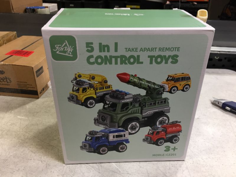 Photo 1 of 5 in 1 Remote Control Take Apart Toys with Electric Drill, Crane, Fire Truck, School Bus, Police Car, Missile Truck, Construction Truck, Preschool STEM Gifts for 3, 4, 5 Years Old Boys Girls Kids
