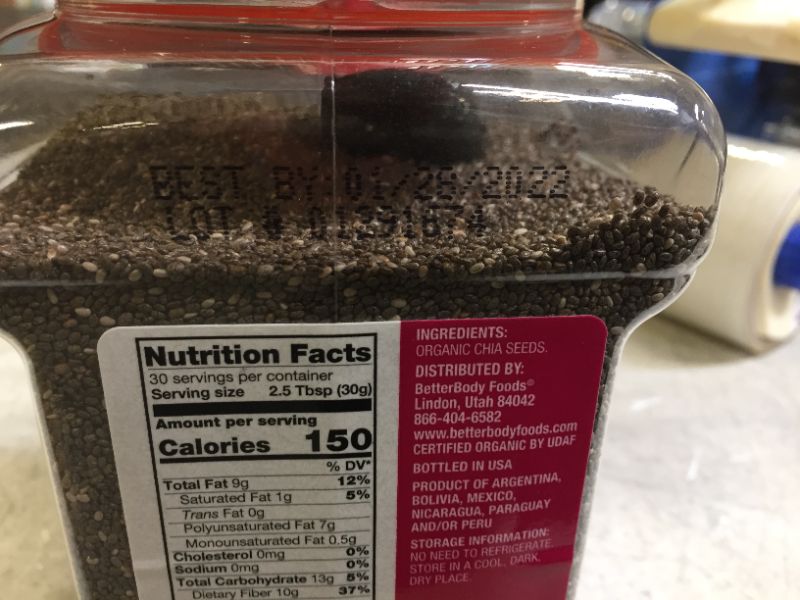 Photo 3 of BetterBody Foods Organic Chia Seeds with Omega-3, Non-GMO, Gluten Free, Keto Diet Friendly, Vegan, Good Source of Fiber, Add to Smoothies, 2 lbs, 32 Oz --- bb 01 28 2022
