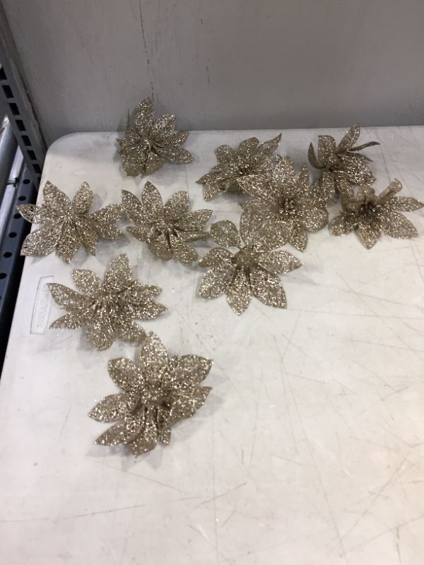 Photo 2 of 10pcs 15cm Artificial Poinsettia Flowers Christmas Tree Decorations-Glitter Poinsettia Flowers