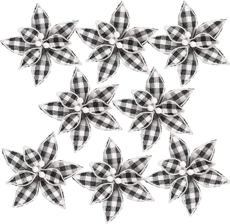 Photo 1 of FUNARTY 12 Pieces Buffalo Plaid Christmas Decorations Black and White Poinsettia Christmas Tree Ornaments Artificial Flowers 6.7inch 