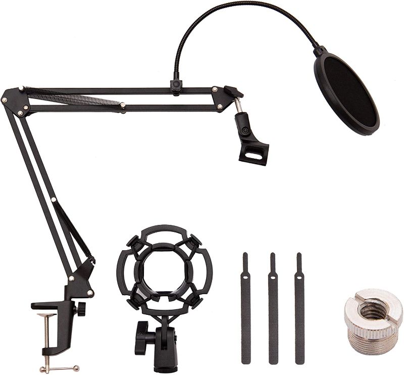 Photo 1 of Suspension Boom Scissor Mic Boom Arm Stand With 3/8"to 5/8" Screw Adapter, Shock Mount, Windscreen Pop Filter, Mic Clip Holder, Cable Ties for Microphones