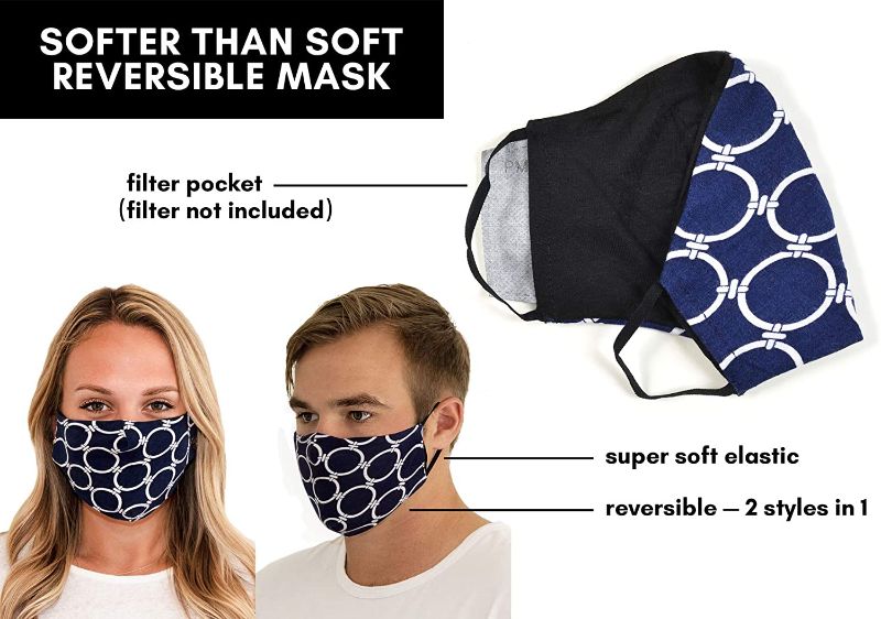 Photo 1 of Tart Collections Reversible Face Mask, Comfortable, Soft Elastic Ear Loops, Washable and Reusable, Unisex, Navy/White Rings---SET OF 2---
