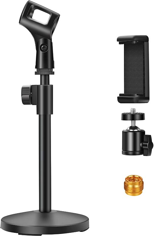 Photo 1 of Puroma Desktop Microphone Stand with Cellphone Clip, Adjustable Table Mic Stand with 5/8" to 3/8" Screw for Blue Yeti Snowball Spark & Other Mic, Logitech Webcam and Other Devices with 1/4" Thread
