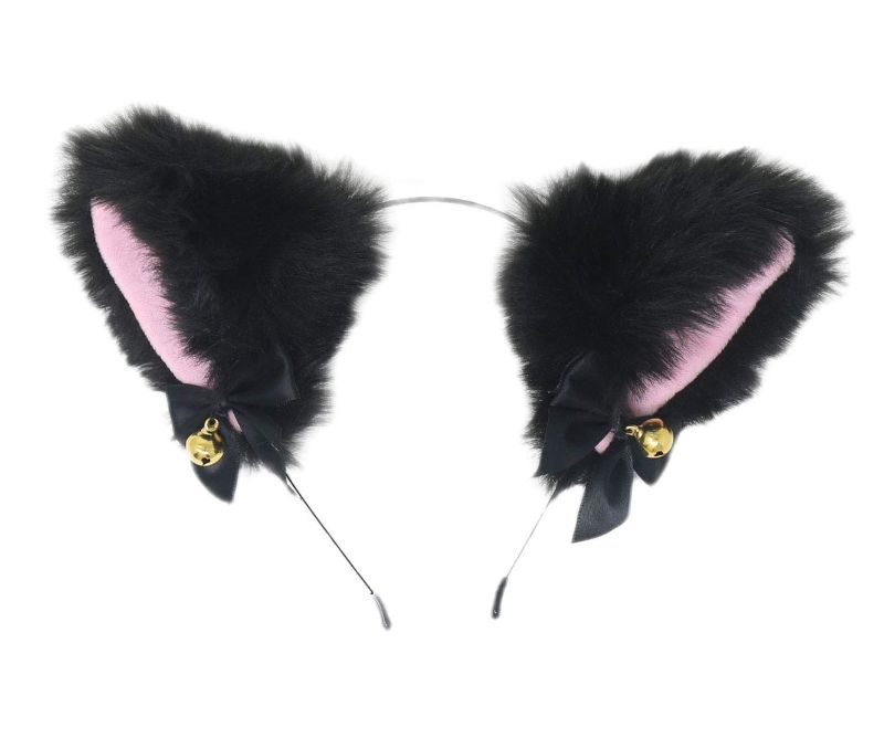 Photo 1 of Cosplay Cat Ear Headbands Plush Furry Anime Head Wear with Bells Costume Accessories (Black) -- 2 PCK