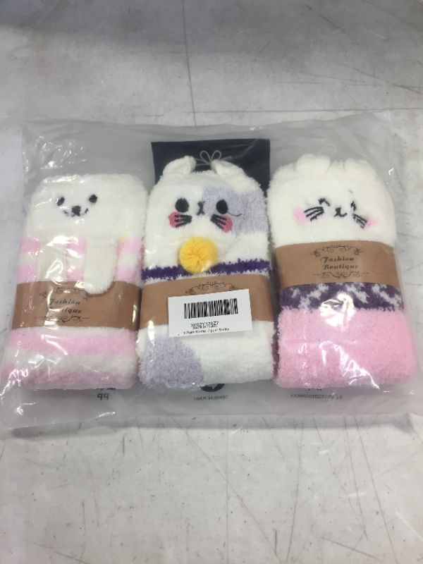 Photo 2 of 3 PAIRS WOMENS FUZZY SOCKS CUTE ANIMAL SLIPPER SOCKS PINK/OFF WHITE
