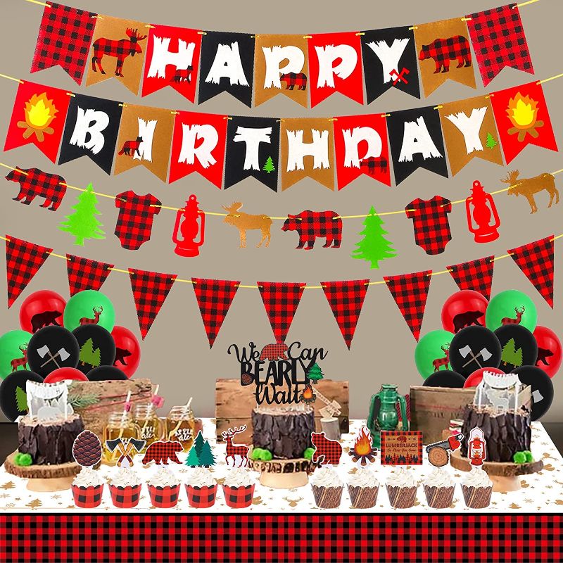 Photo 1 of 78Pcs Lumberjack Birthday Party Decoration Lumberjack Buffalo Plaid Banner Garland Cake Cupcake Toppers Wrappers Balloons for Lumberjack Theme Baby Shower Supplies

