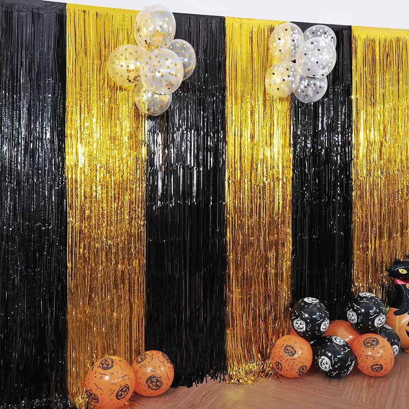 Photo 1 of 2 Pack Foil Fringe Curtains Tinsel Curtain Party Photo Backdrop Gold Black 3.2X6.56 ft for Christmas New Year Eve Holiday Party Decoration
