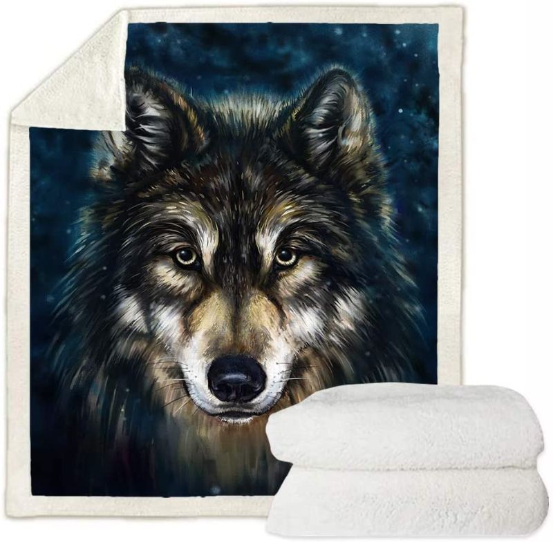 Photo 1 of 3D Blue Wolf Sherpa Fleece Blanket Soft Throw Microfiber Blanket for Couch Sofa Kids Women Adults Gift
